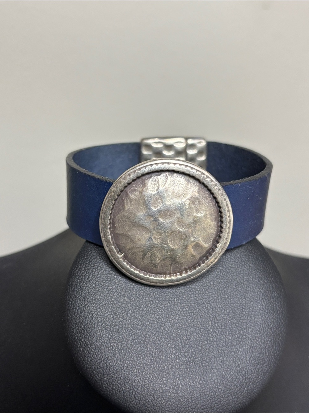Navy Leather Cuff Bracelet with Hammered Silver Medallion